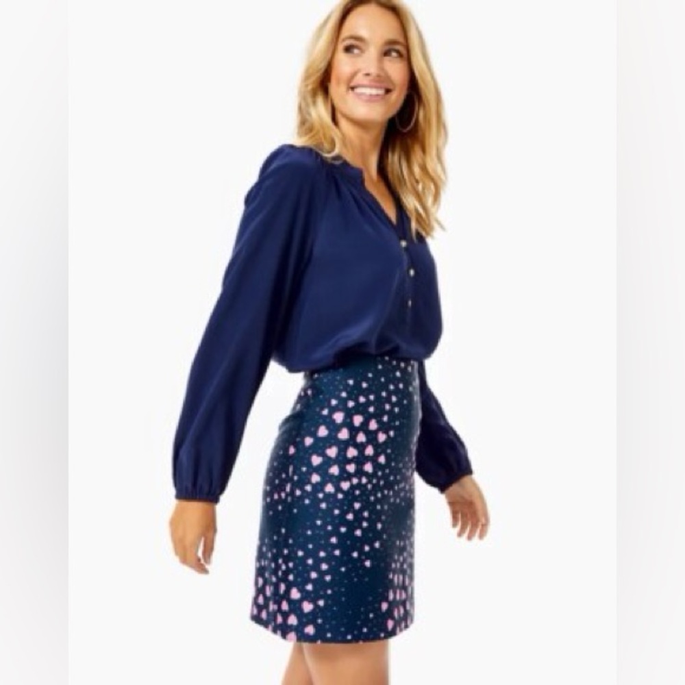Lilly Pulitzer Navy Pencil Skirt with Pink Heart Print